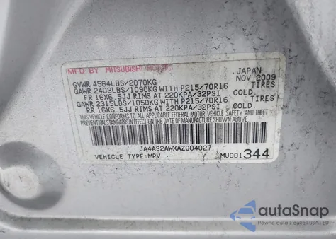 2010 Mitsubishi Outlander Es z USA, uszkodzony, nr VIN JA4AS2AWXAZ004027